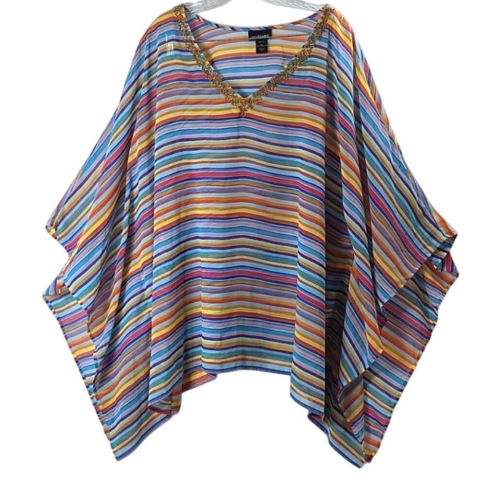Lane Bryant Womens Sz 26/28 V-Neck Gold Beading Fairy Flowy Vacation Caftan Top